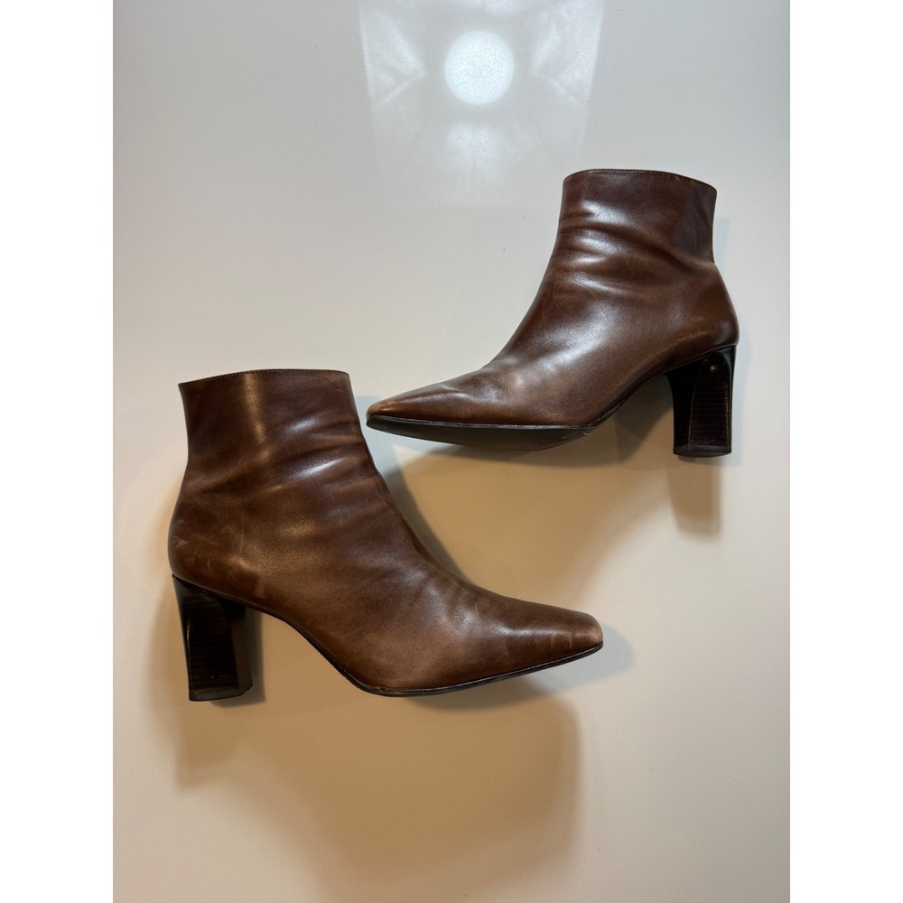 Antonio Melani Brown Leather Square Toe Ankle Boots Block Heel Size 8.5M